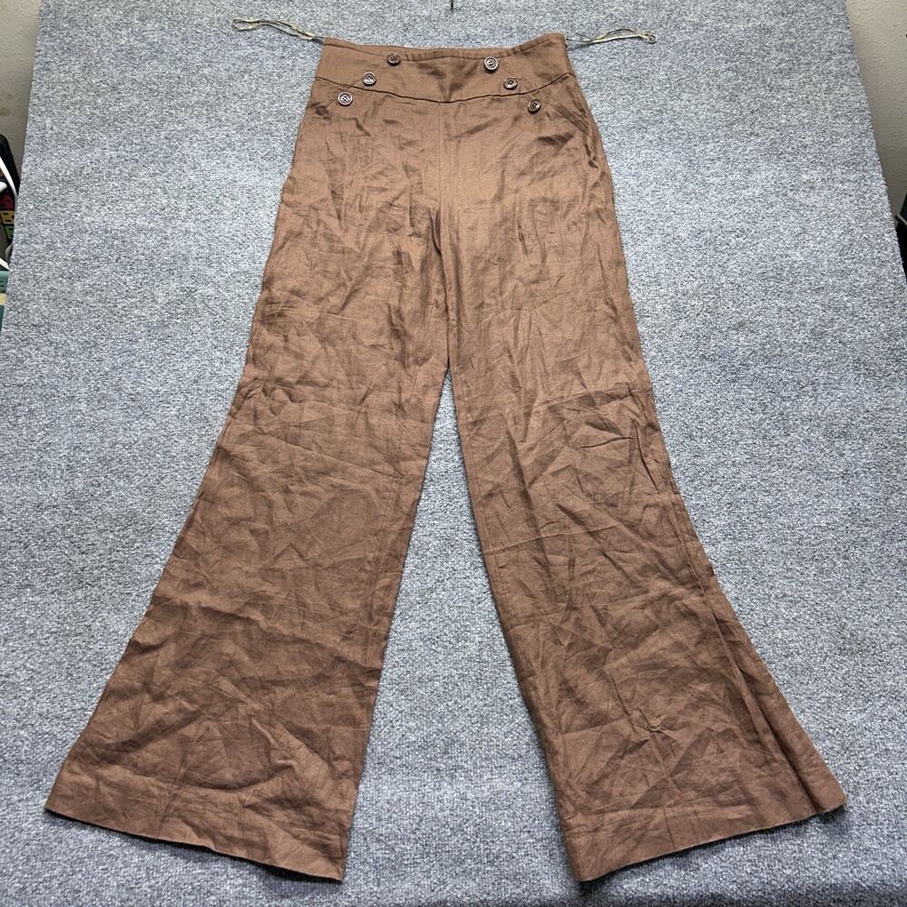 Nine West Womens 4 Brown 100% Linen High Waist Wide Leg Sailor Flare Pants
